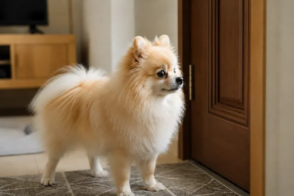 一只博美犬在听着门外