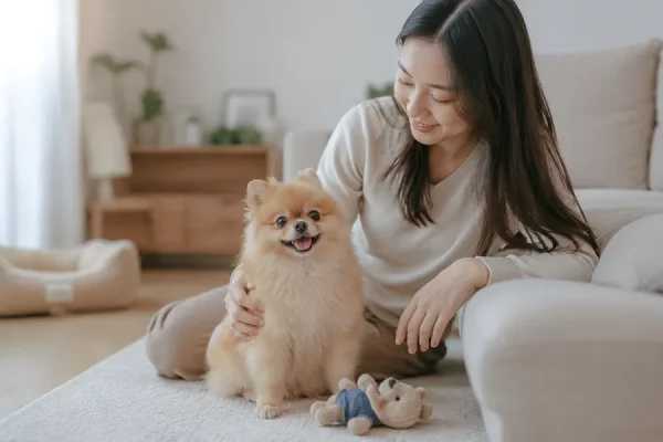主人陪博美犬坐在沙发上