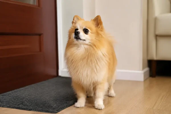 一只博美犬在门口听动静
