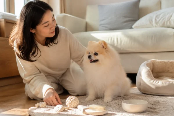 主人陪博美犬在客厅玩