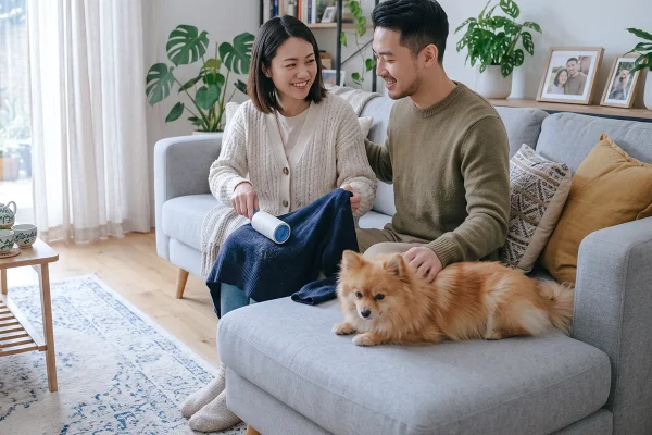 主人陪博美犬坐在沙发上