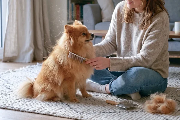 主人给博美犬梳毛