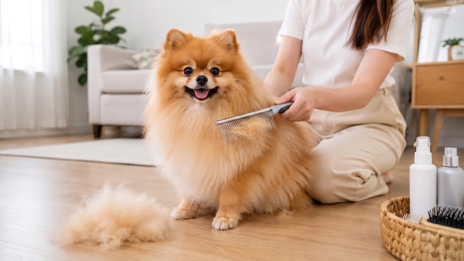 主人给博美犬梳毛