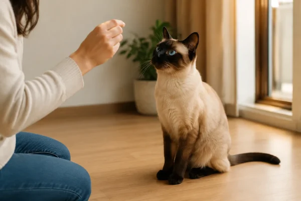 主人训练暹罗猫
