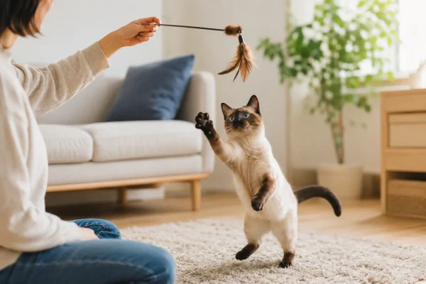 主人用逗猫棒逗暹罗猫玩