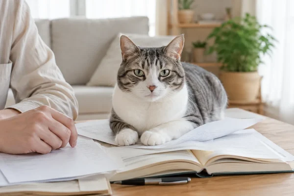 猫咪趴在书本纸张之间