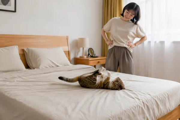 猫在刚整理好的床上翻滚