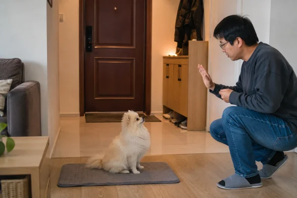狗狗门铃后回垫子等待训练